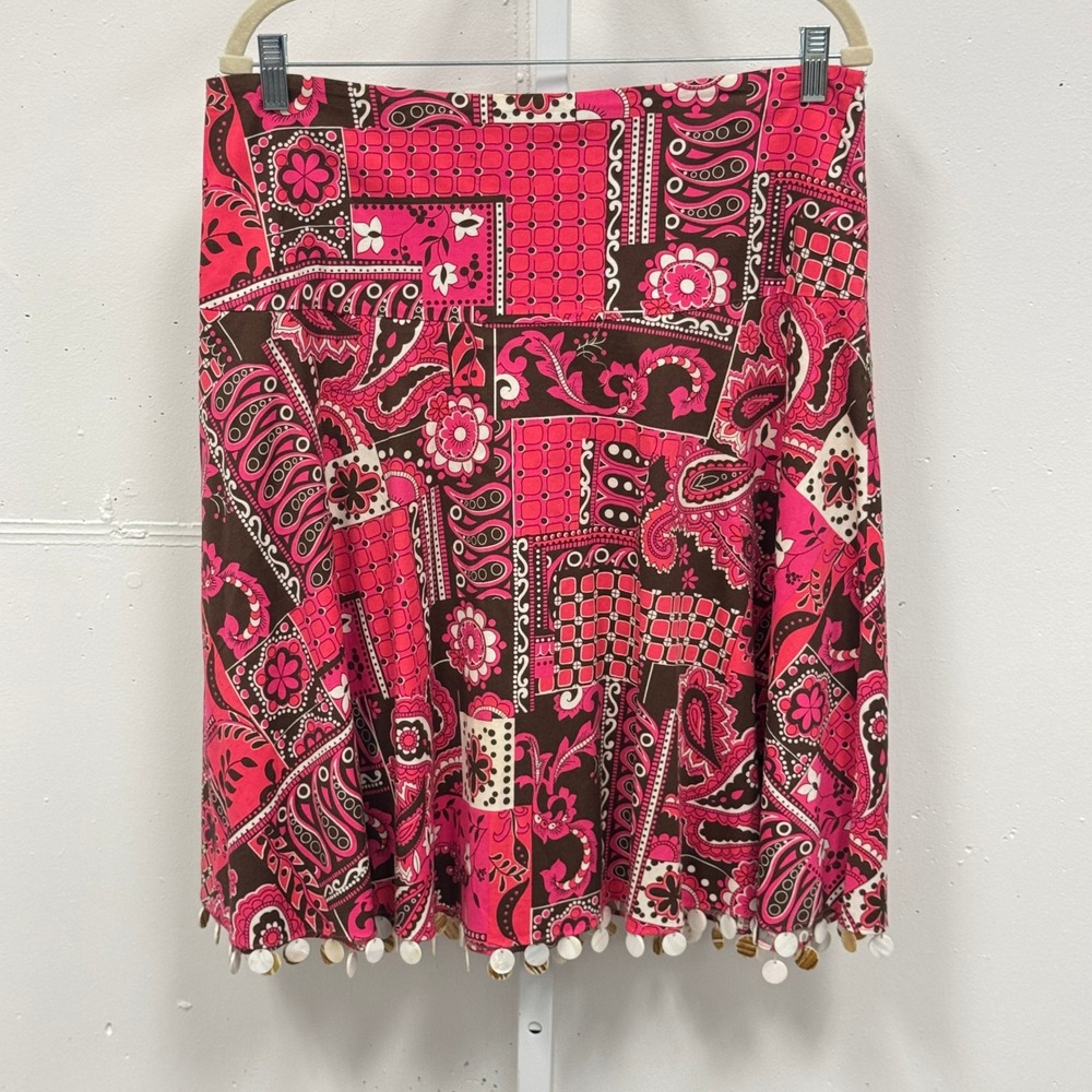 Y2K Willi Smith Paisley Patchwork‎ Boho Shell Fringe A-Line Knee Length Skirt